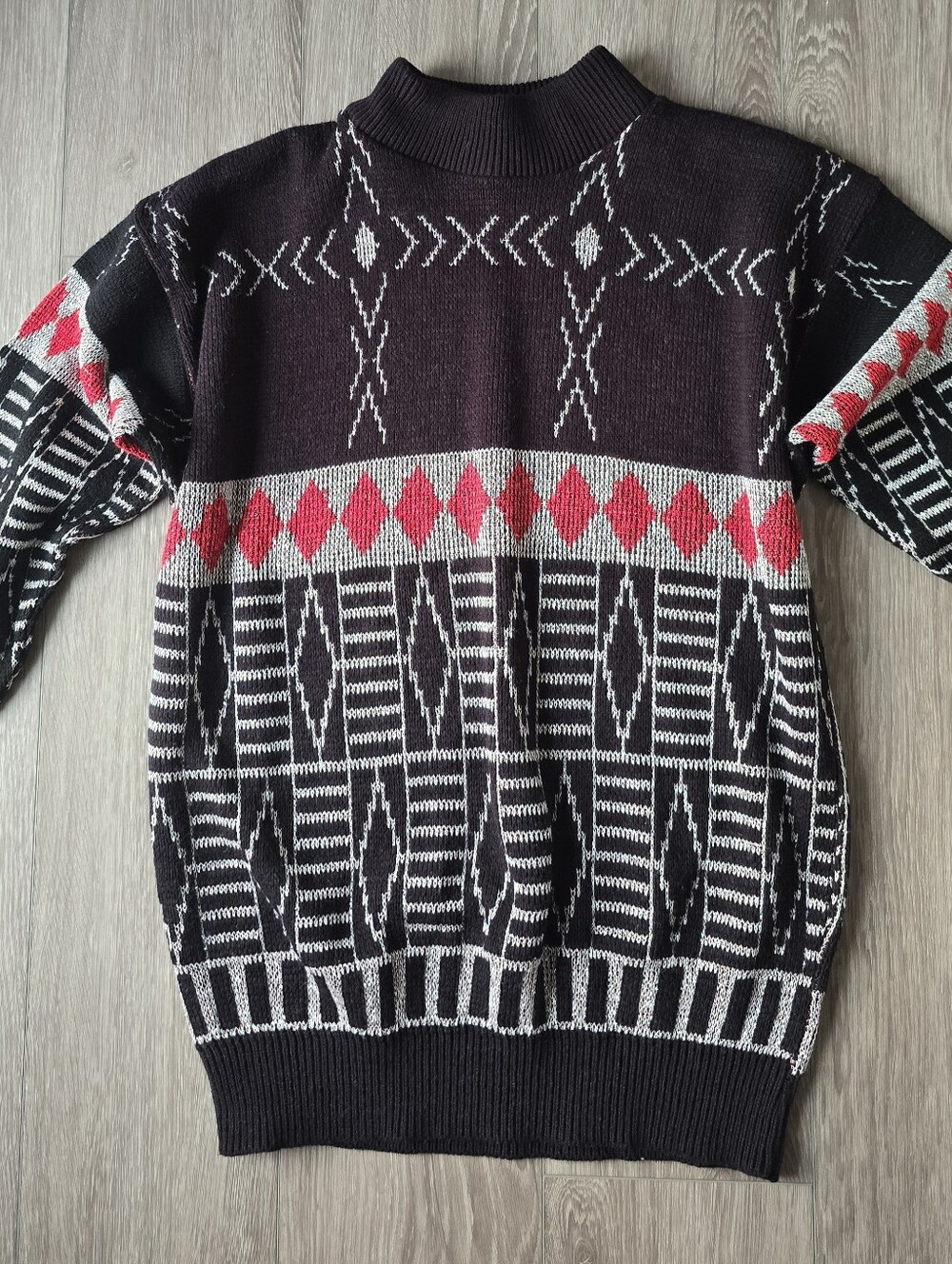 Vintage 80s Fortune Knits Metallic Geometric Sweater Black Red Silver USA Sz L